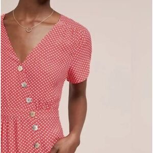 Anthropologie Maeve Red White Polka Dot Asymmetric Hem Midi Dress Size 8